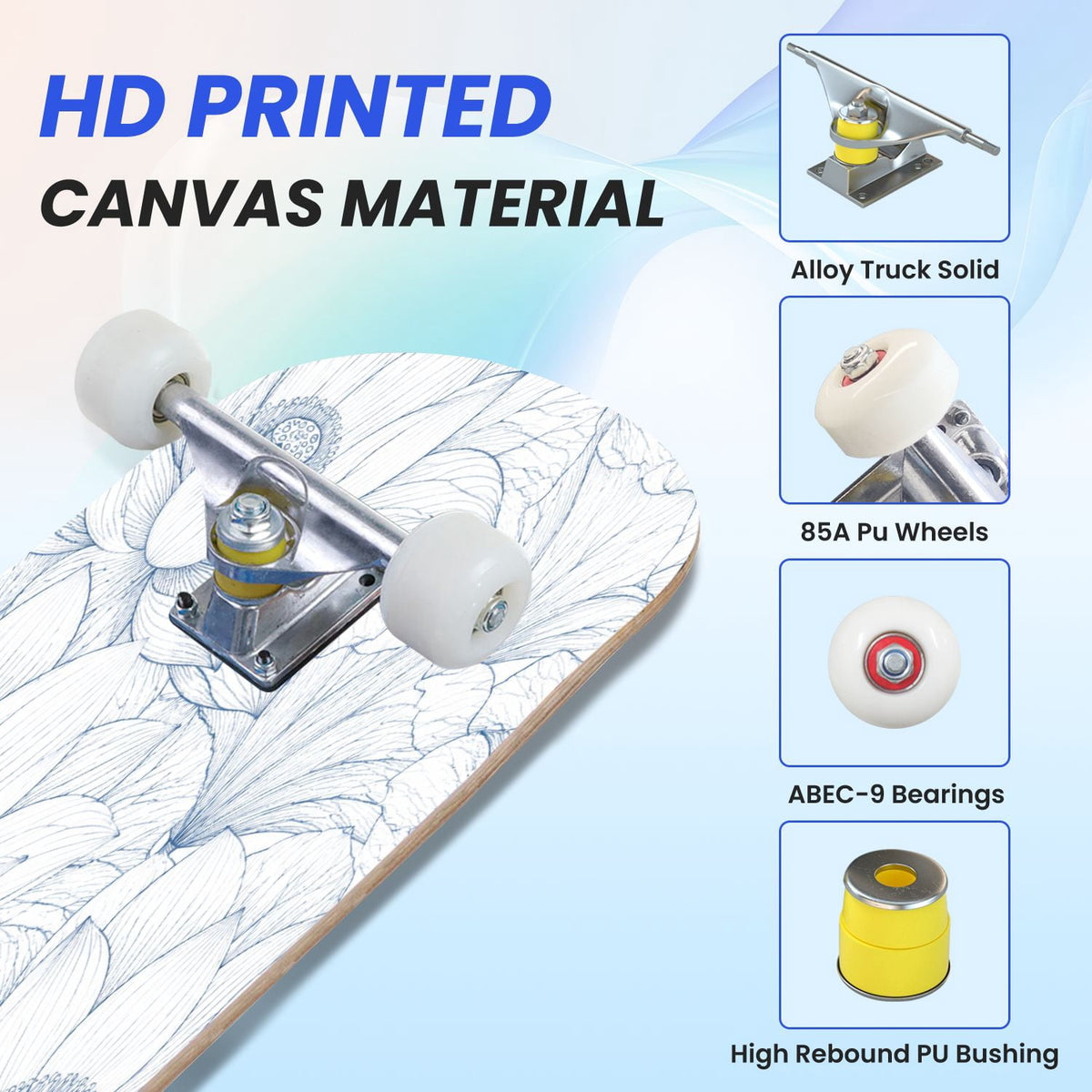 31"x8" Complete Skateboards for Beginners,Blue Botanical Leaf White Double Kick 7 Ply Canadian Maple Deck Skateboard with Wheels, Gifts for Kids Teens