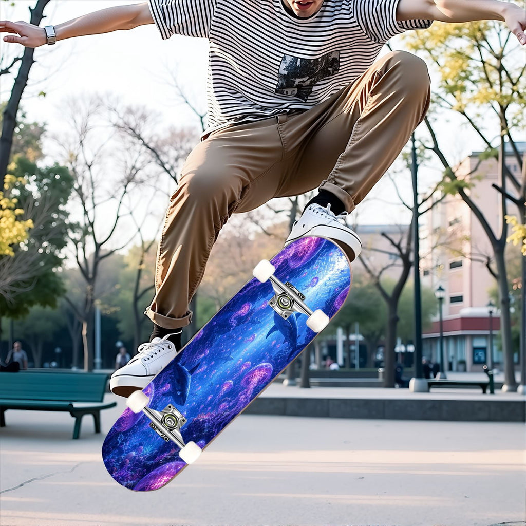 31"x8" Complete Skateboards for Beginners, Underwater Sharks Glowing Purple Jellyfish Marine Life Double Kick 7 Ply Canadian Maple Deck Skateboard with Wheels, Gifts for Kids Teens