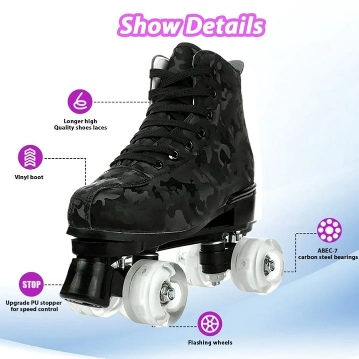 JieC Roller Skates, Adjustable Roller Skates with Glowing Wheels, for Girls, Teenagers, Black (Women‘s 9.5 / Men‘s 8.5)