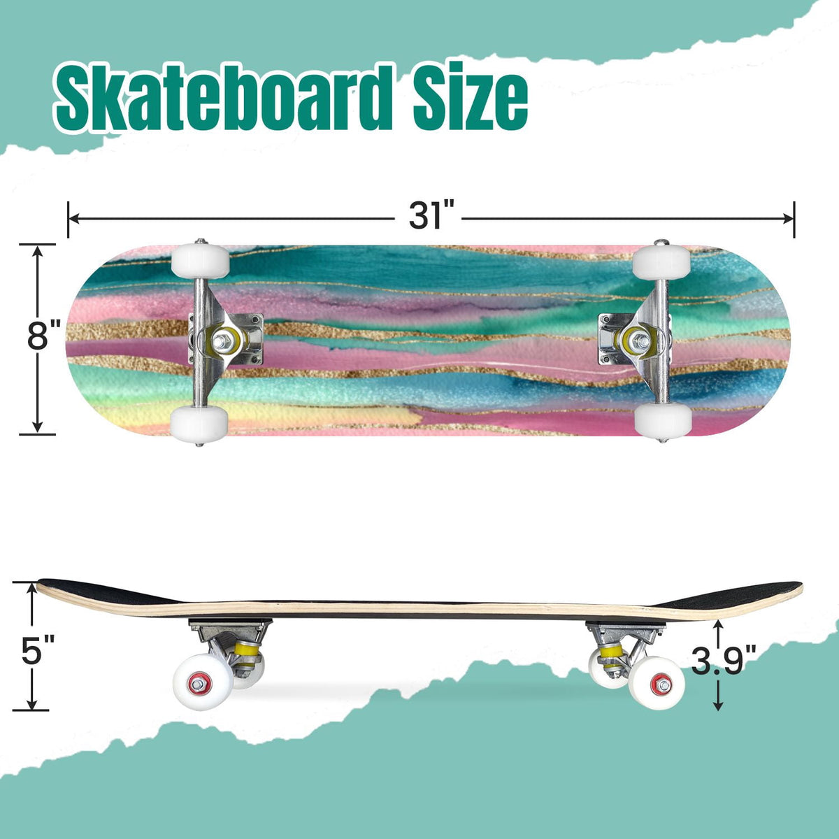 Seashells Starfish Sandy Beach Soft Lighting 31" x 8" Complete Skateboard, 7-Ply Canadian Maple Double Kick Trick Board for Kids and Beginners Adult Gifts