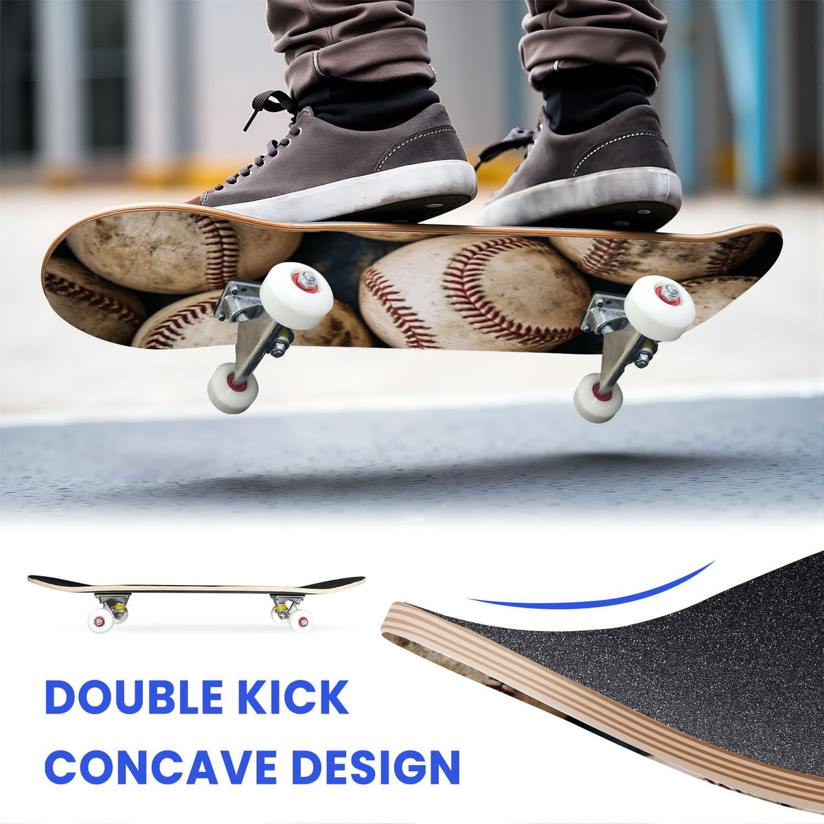 31"x8" Complete Skateboards for Beginners,Close up Baseball Red Stitches Leather Double Kick 7 Ply Canadian Maple Deck Skateboard with Wheels, Sports Gifts for Kids Teens