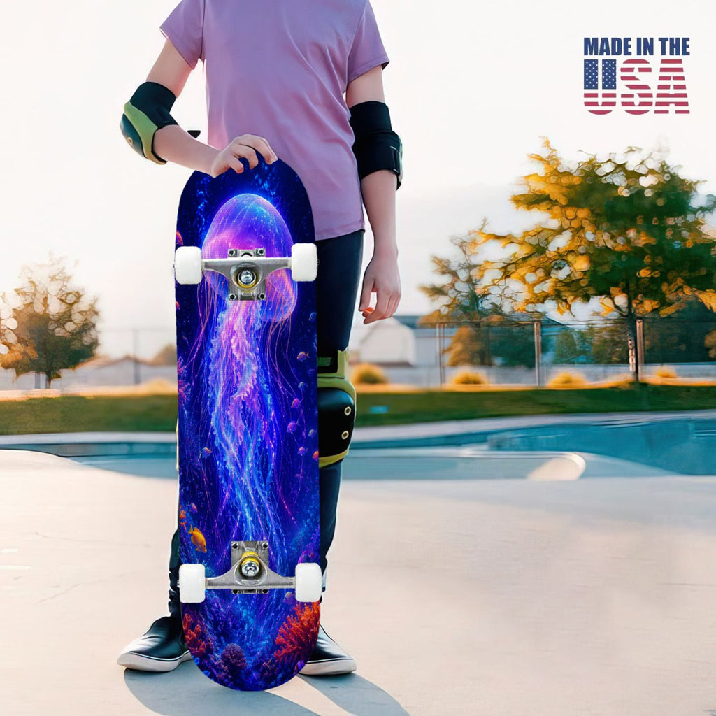 31"x8" Complete Skateboards for Beginners, Underwater Sharks Glowing Purple Jellyfish Marine Life Double Kick 7 Ply Canadian Maple Deck Skateboard with Wheels, Gifts for Kids Teens