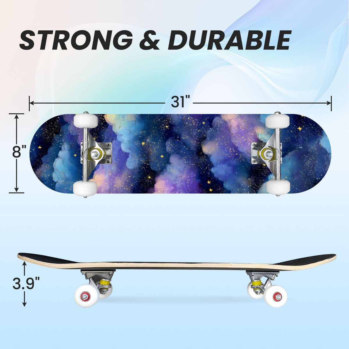31"x8" Complete Skateboards for Beginners, Pastel Clouds Sparkles Dreamy Gradient Sky Summer Decor Double Kick 7 Ply Canadian Maple Deck Skateboard with Wheels, Gifts for Kids Teens