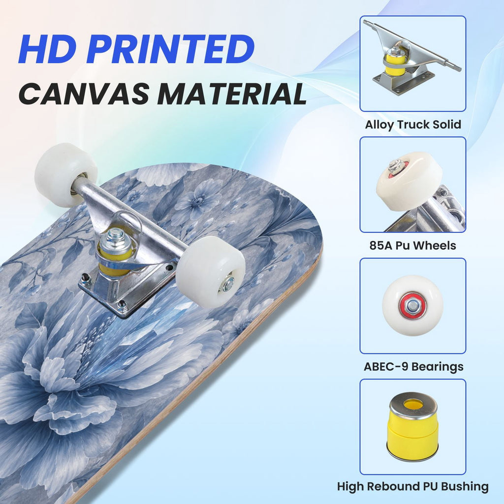 31"x8" Complete Skateboards for Beginners,Blue Flowers Crystals Seamless Watercolor Double Kick 7 Ply Canadian Maple Deck Skateboard with Wheels, Gifts for Kids Teens