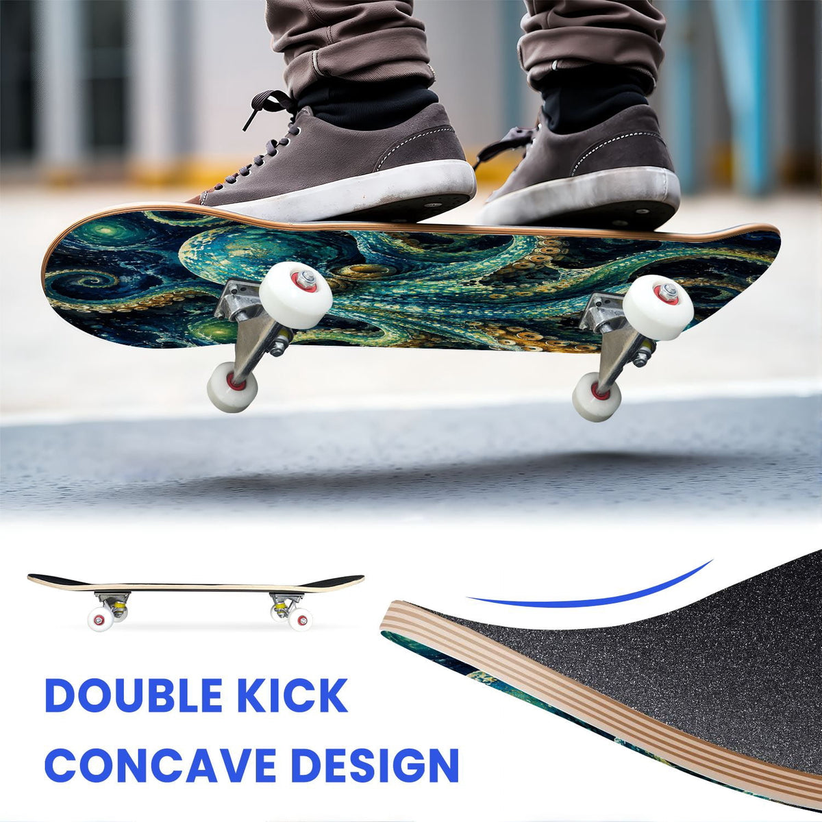 31"x8" Complete Skateboards for Beginners, Colorful Cosmic Octopus Tentacles Starry Marine Life Double Kick 7 Ply Canadian Maple Deck Skateboard with Wheels, Gifts for Kids Teens