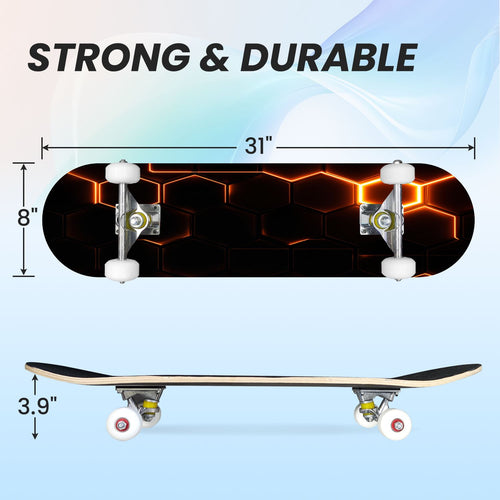 31"x8" Complete Skateboards for Beginners, Honeycomb Futuristic Hexagonal Neon Glowing Orange Light Double Kick 7 Ply Canadian Maple Deck Skateboard with Wheels, Gifts for Kids Teens