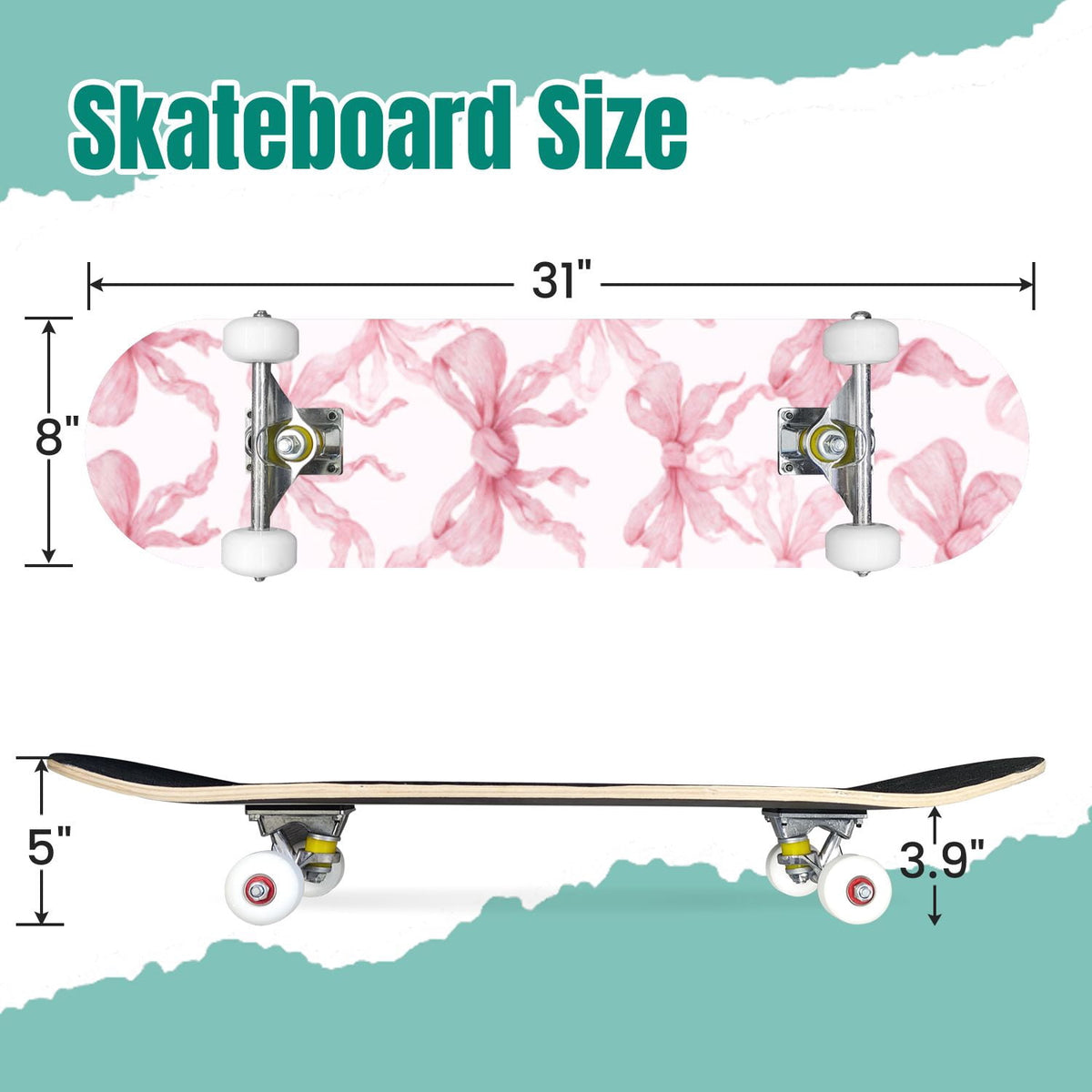 Delicate Pink Floral Ribbon Design 31" x 8" Complete Skateboard, 7-Ply Canadian Maple Double Kick Trick Board for Kids and Beginners Adult Gifts
