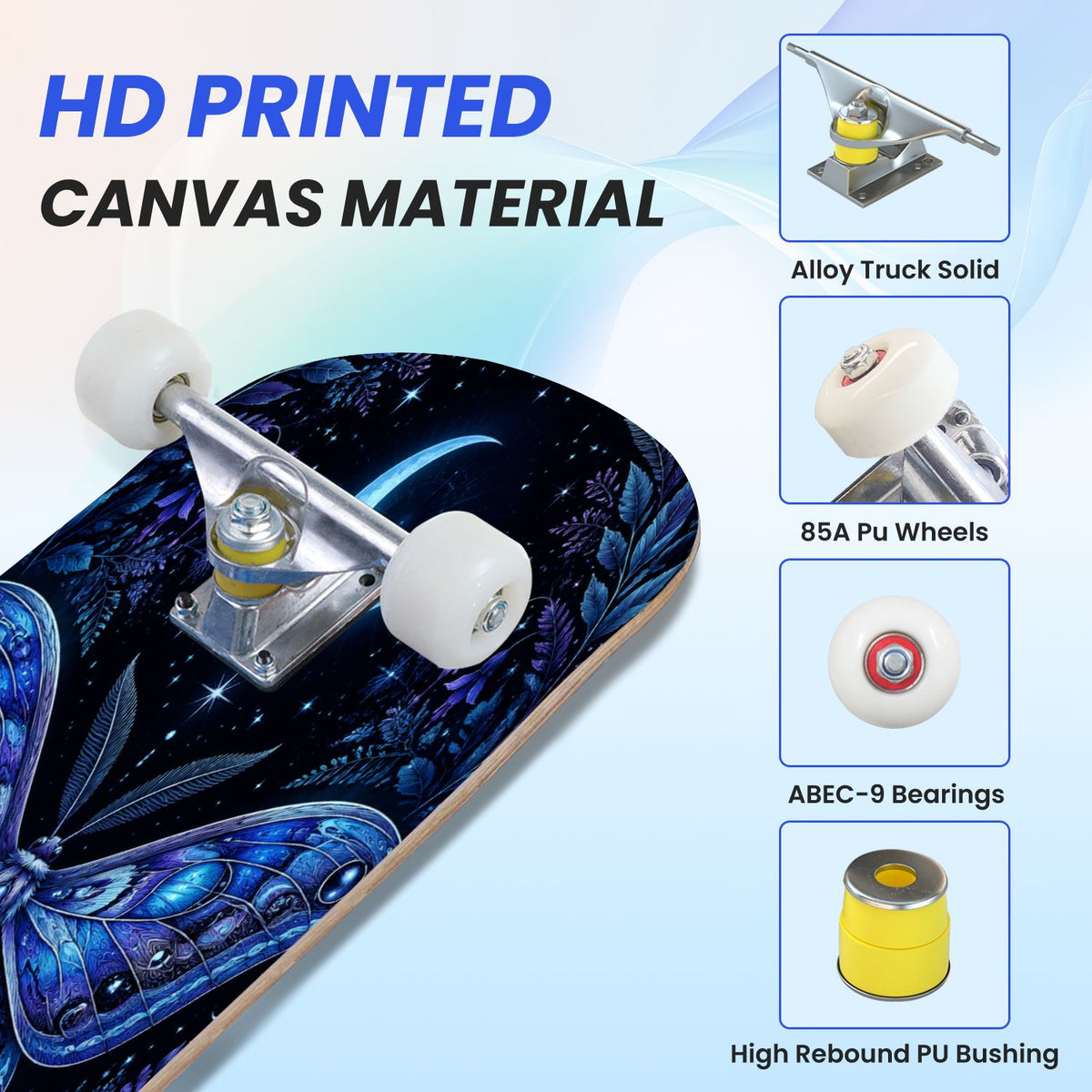 31"x8" Complete Skateboards for Beginners, Colorful Butterfly Blooming Flowers Under Full Moon Starry Double Kick 7 Ply Canadian Maple Deck Skateboard with Wheels, Gifts for Kids Teens