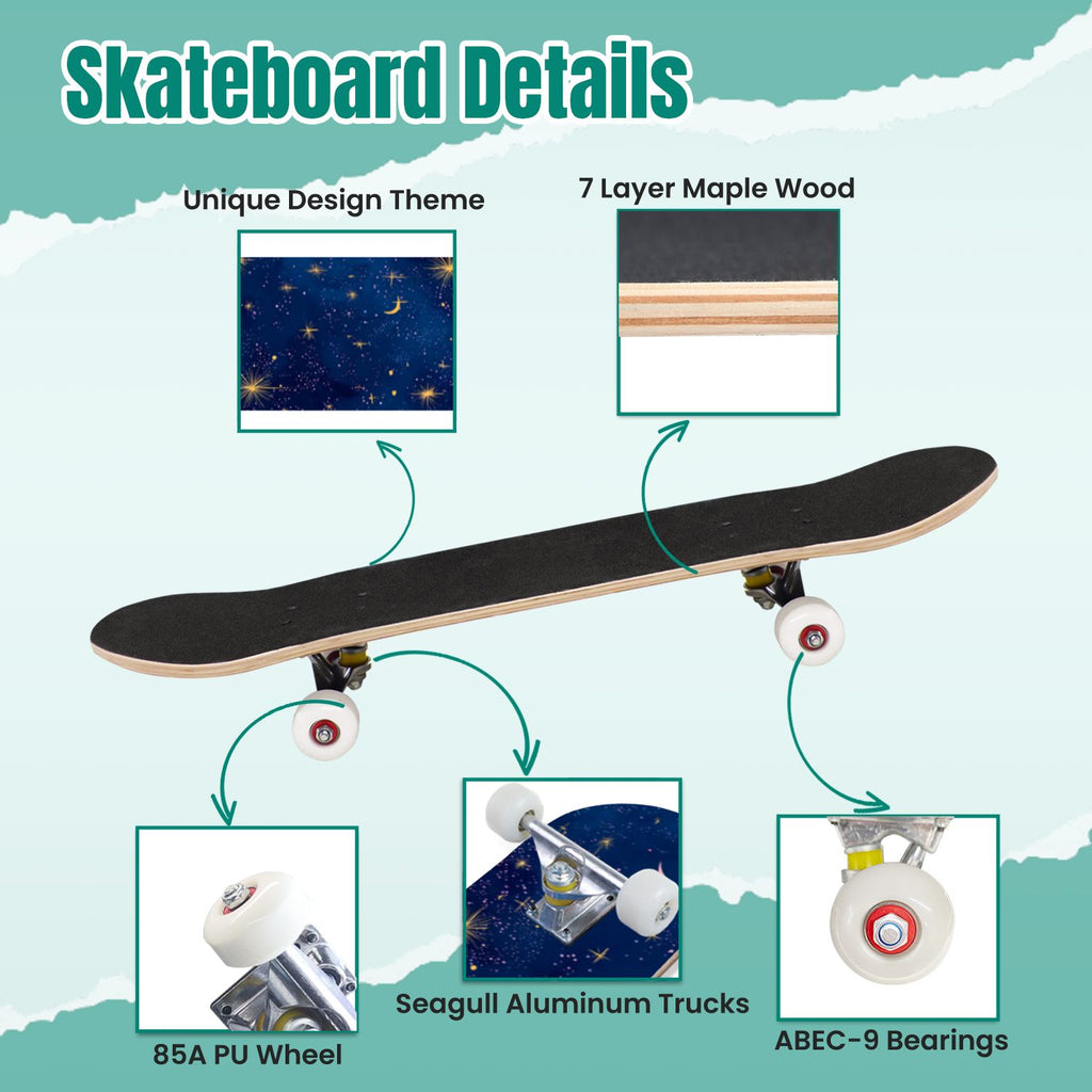 Vibrant Purple Blue Cosmic Galaxy Stars Nebula Clouds 31" x 8" Complete Skateboard, 7-Ply Canadian Maple Double Kick Trick Board for Kids and Beginners Adult Gifts