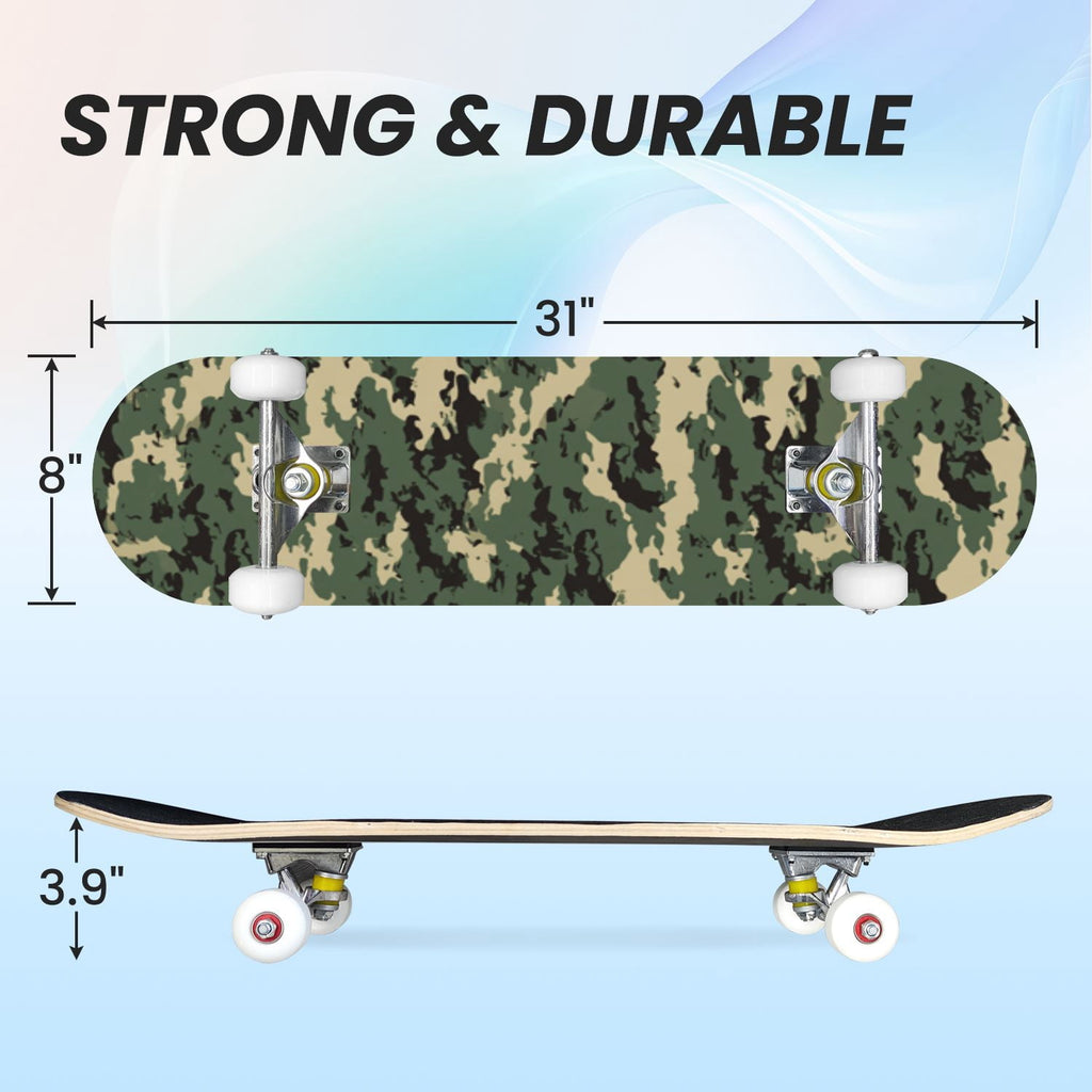 31"x8" Complete Skateboards for Beginners,Desert Camouflage Beige Tan Cream Organic Abstract Shapes Double Kick 7 Ply Canadian Maple Deck Skateboard with Wheels, Gifts for Kids Teens