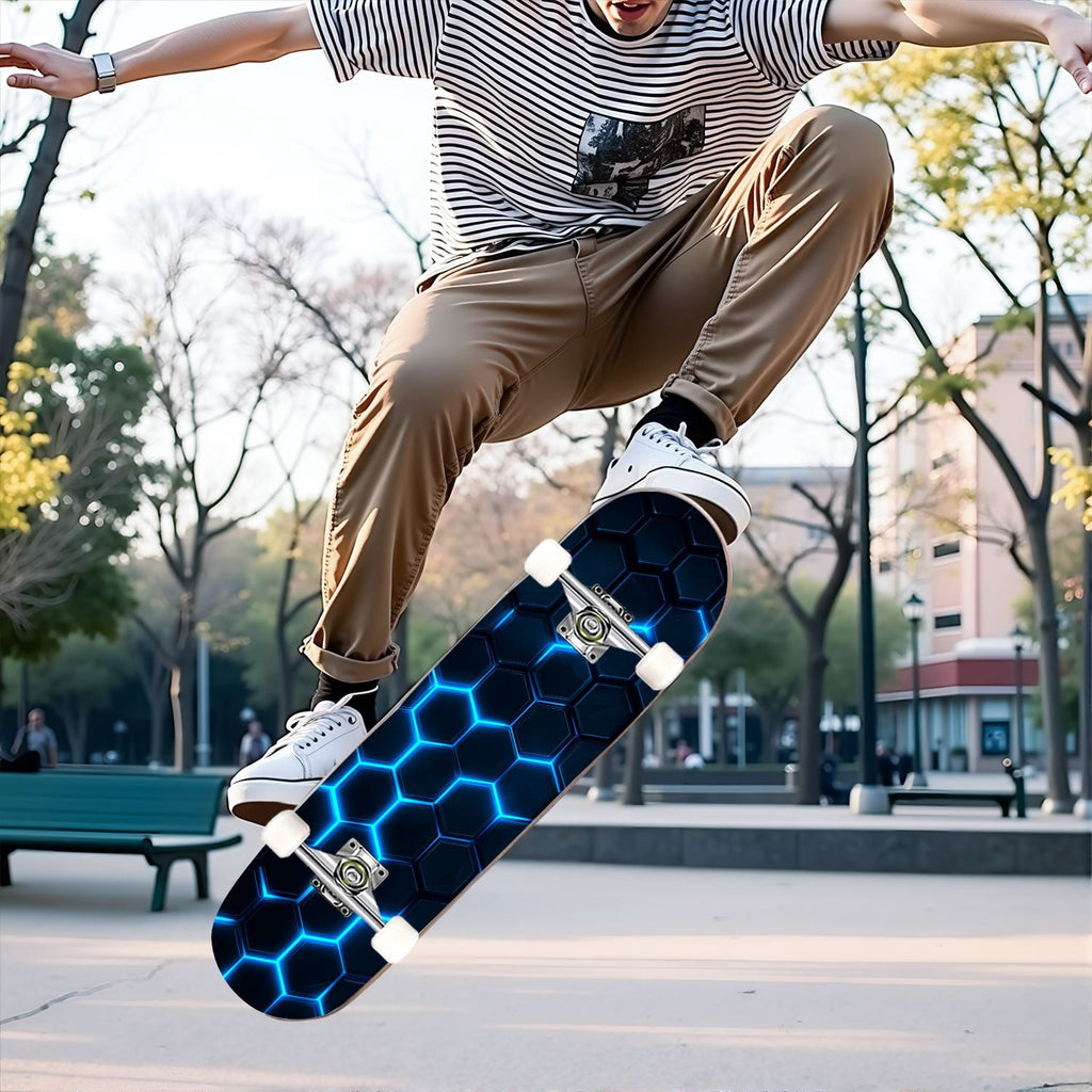 31"x8" Complete Skateboards for Beginners,Hexagon neon blue glow futuristic Double Kick 7 Ply Canadian Maple Deck Skateboard with Wheels, Gifts for Kids Teens