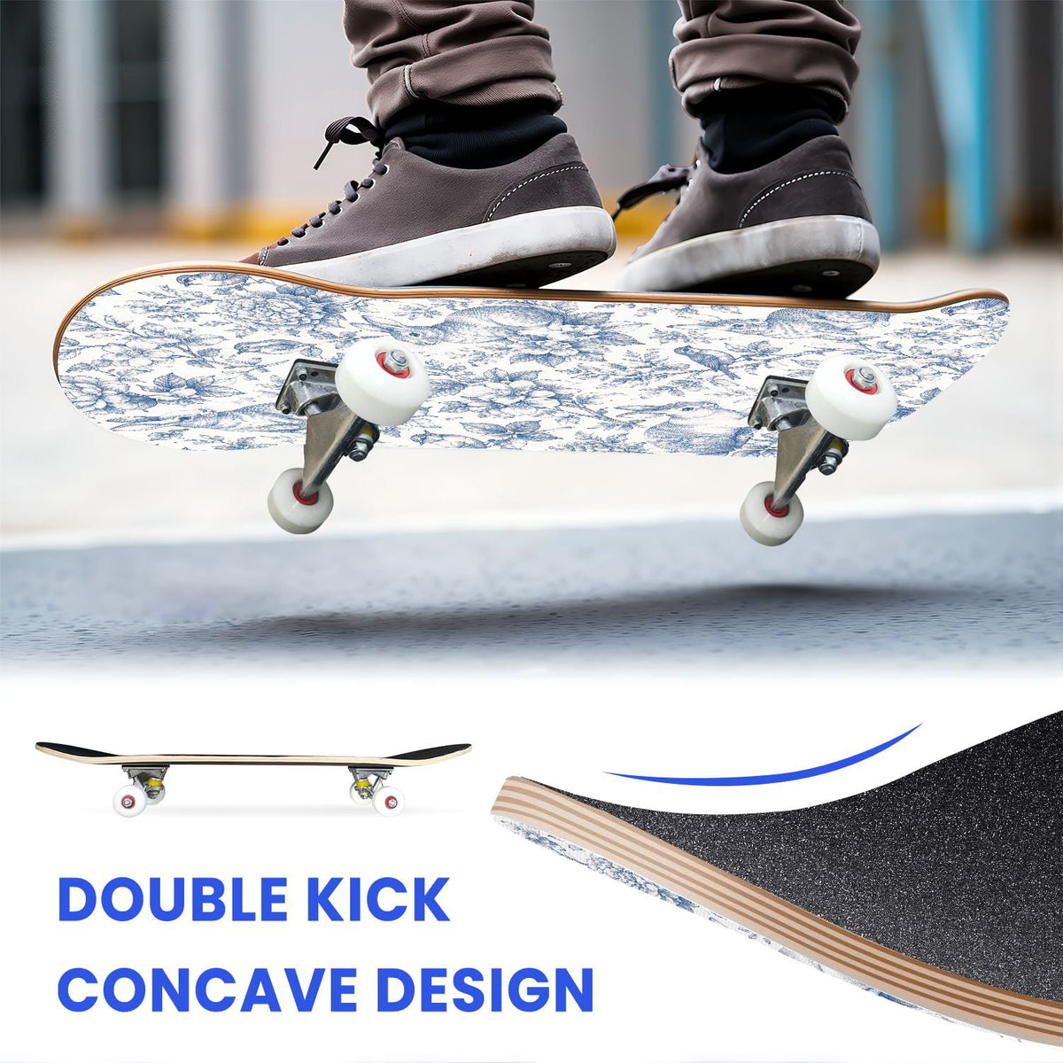 31"x8" Complete Skateboards for Beginners,Blue Flowers Crystals Seamless Watercolor Double Kick 7 Ply Canadian Maple Deck Skateboard with Wheels, Gifts for Kids Teens
