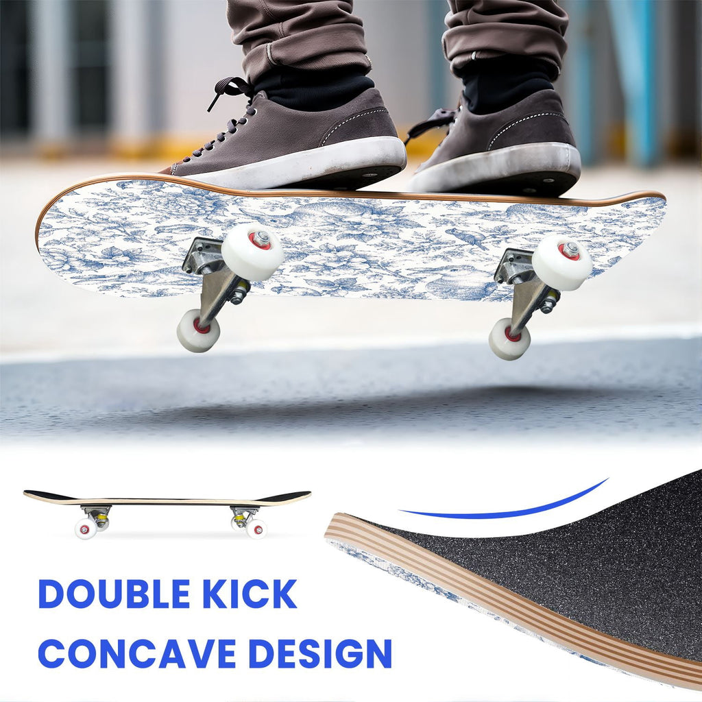 31"x8" Complete Skateboards for Beginners,Blue White Toile Rabbits Birds Floral Motifs Double Kick 7 Ply Canadian Maple Deck Skateboard with Wheels, Gifts for Kids Teens