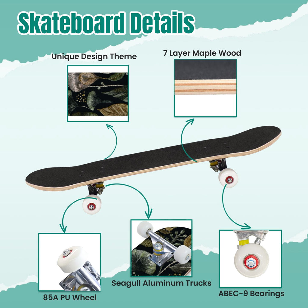 Botanical Embroidery Golden Green Leaves Black 31" x 8" Complete Skateboard, 7-Ply Canadian Maple Double Kick Trick Board for Kids and Beginners Adult Gifts