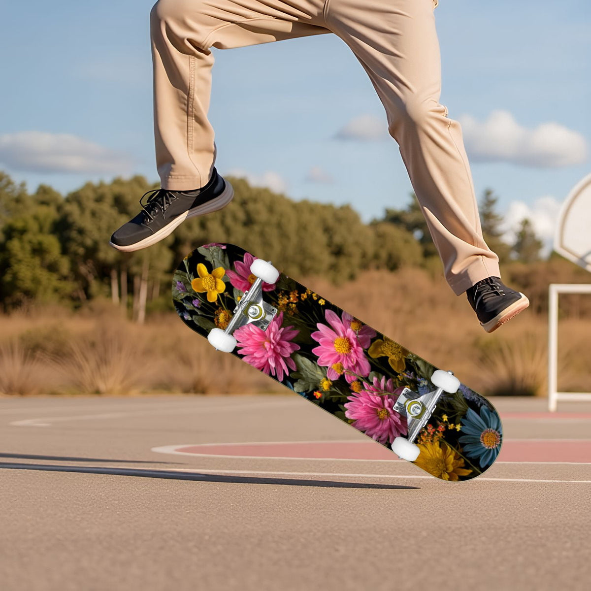 Dark Floral Wildflower Pink Yellow Blue Blooms 31" x 8" Complete Skateboard, 7-Ply Canadian Maple Double Kick Trick Board for Kids and Beginners Adult Gifts