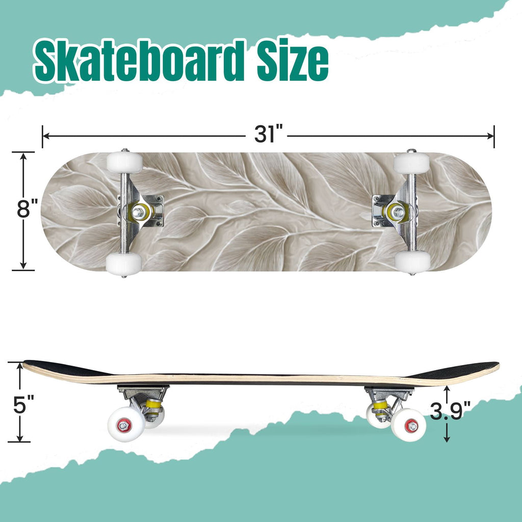 Delicate White Lotus Flowers Leaves Soft Blue 31" x 8" Complete Skateboard, 7-Ply Canadian Maple Double Kick Trick Board for Kids and Beginners Adult Gifts