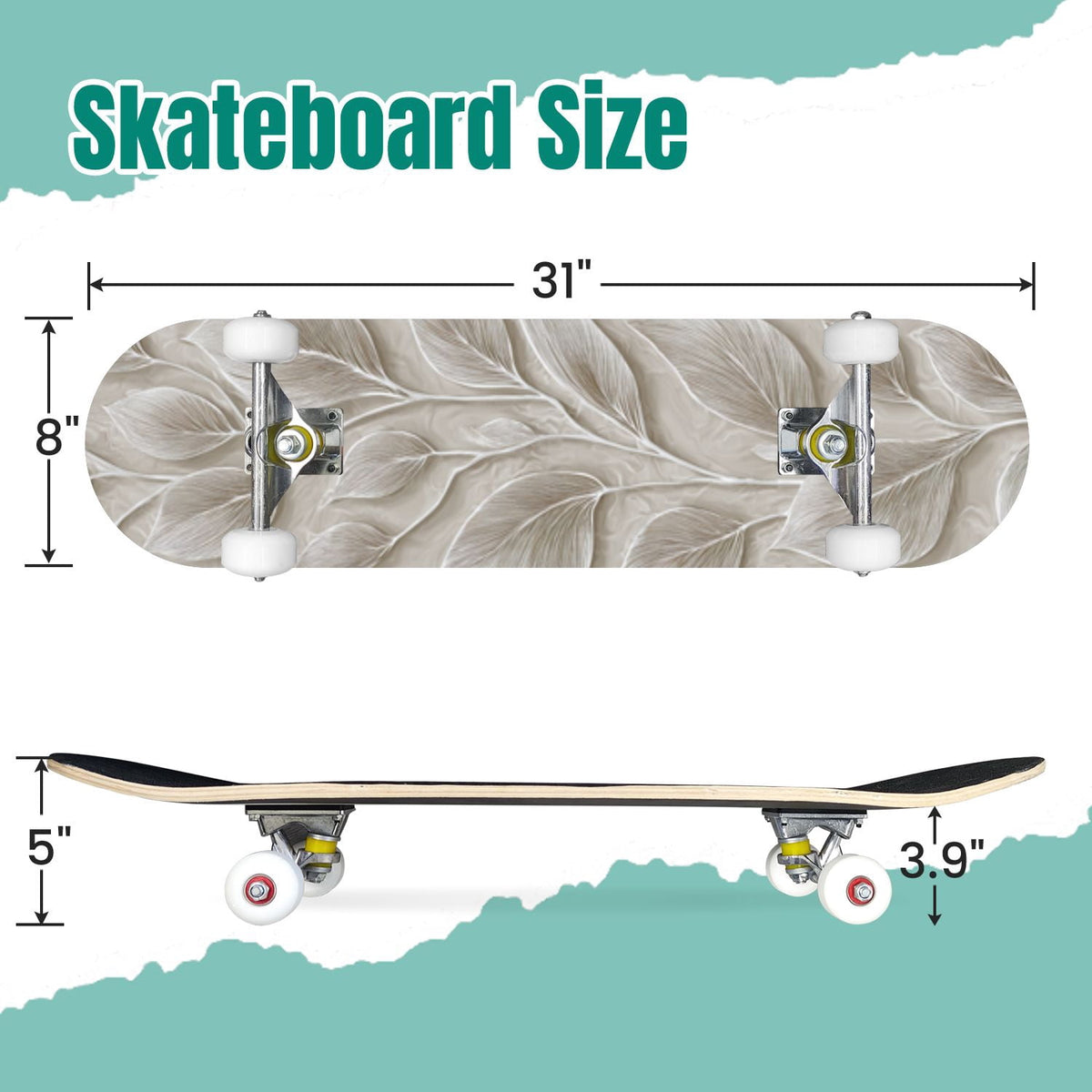 Delicate White Lotus Flowers Leaves Soft Blue 31" x 8" Complete Skateboard, 7-Ply Canadian Maple Double Kick Trick Board for Kids and Beginners Adult Gifts