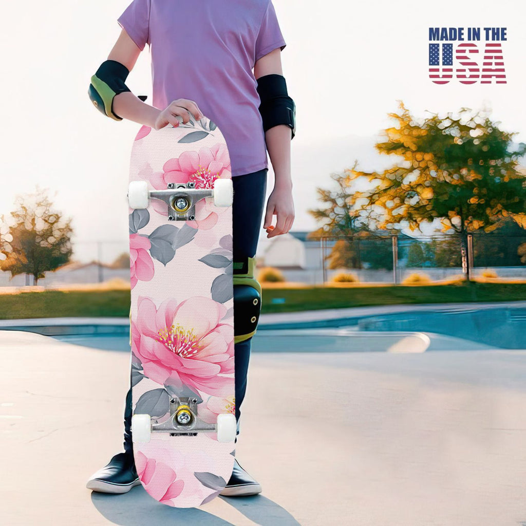 31"x8" Complete Skateboards for Beginners, Elegant Floral Pink Roses Blue Butterflies Double Kick 7 Ply Canadian Maple Deck Skateboard with Wheels, Gifts for Kids Teens