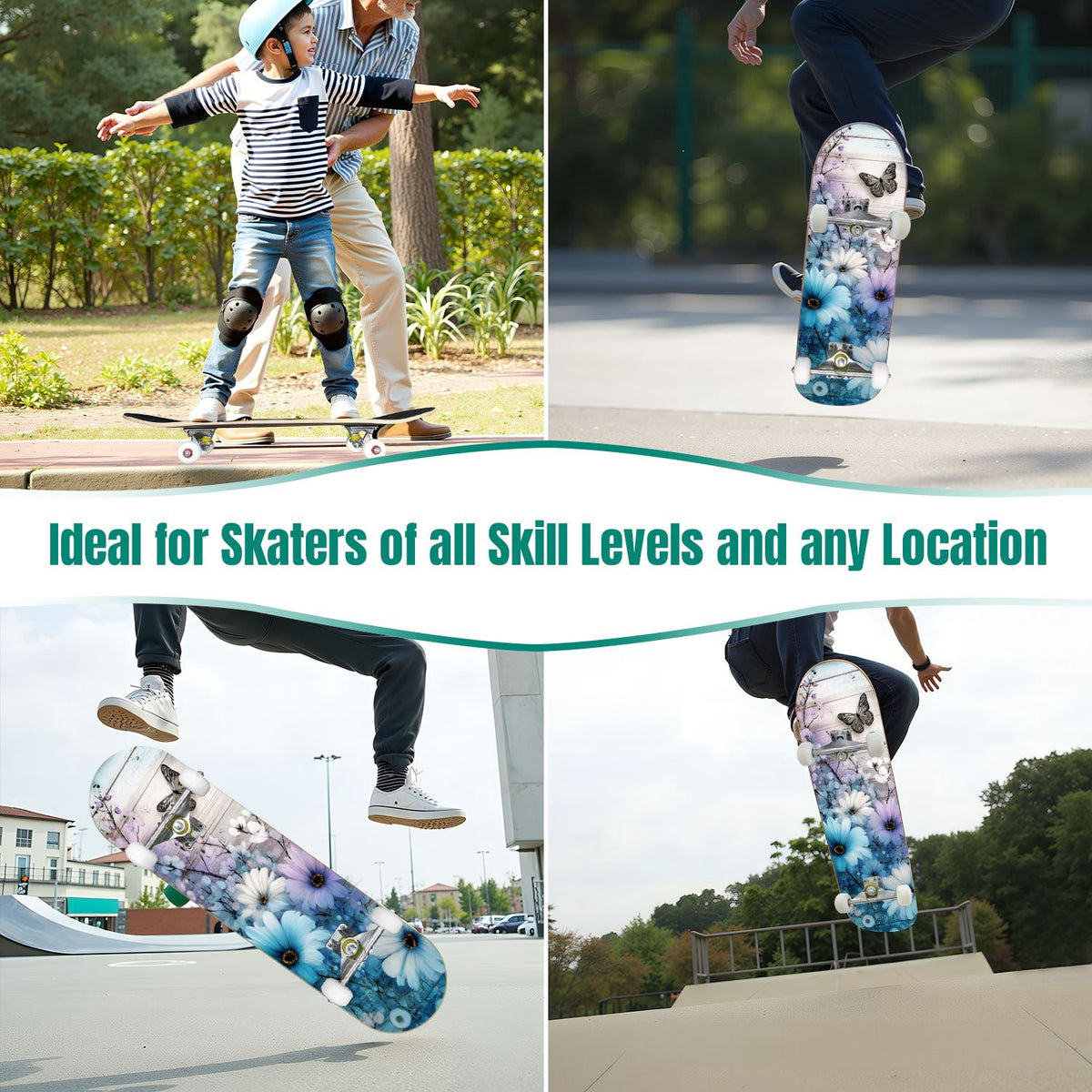 31"x8" Complete Skateboards for Beginners, Turquoise Flowers Teal Daisy Flower Butterfly Blue Romantic Double Kick 7 Ply Canadian Maple Deck Skateboard with Wheels, Gifts for Kids Teens