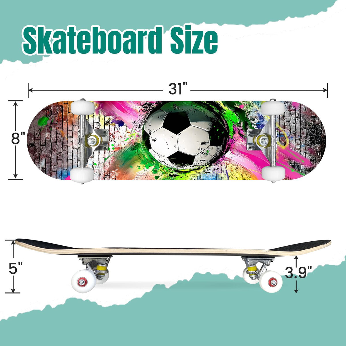 Dynamic Soccer Ball Explosion Energy Effects Stadium 31" x 8" Complete Skateboard, 7-Ply Canadian Maple Double Kick Trick Board for Kids and Beginners Adult Gifts