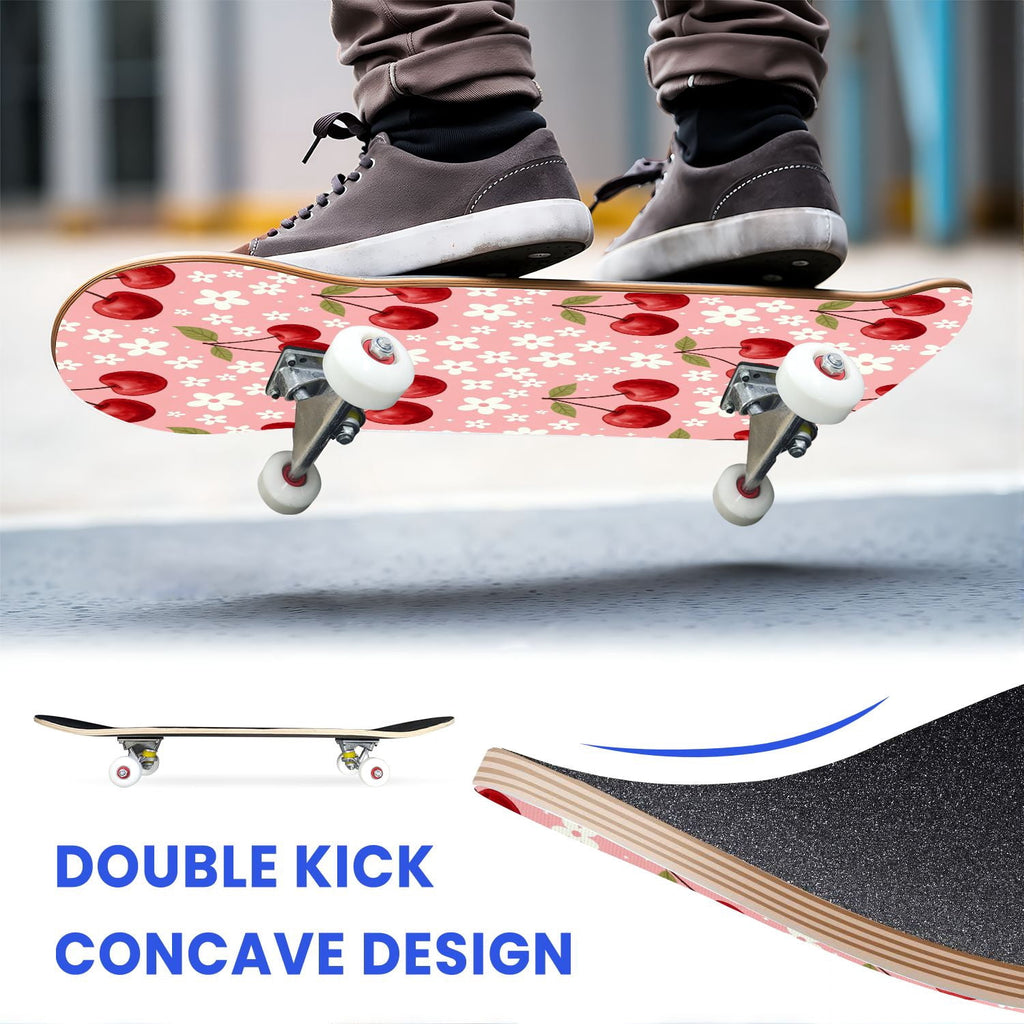 31"x8" Complete Skateboards for Beginners, Cherry Blossom Red Cherry Seamless Pink Botanical Double Kick 7 Ply Canadian Maple Deck Skateboard with Wheels, Gifts for Girls Teens