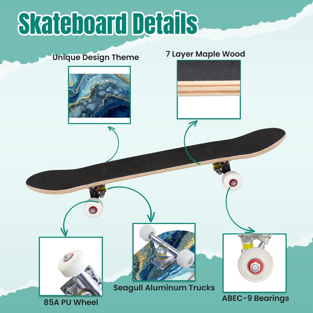Seashells Starfish Sandy Beach Soft Lighting 31" x 8" Complete Skateboard, 7-Ply Canadian Maple Double Kick Trick Board for Kids and Beginners Adult Gifts