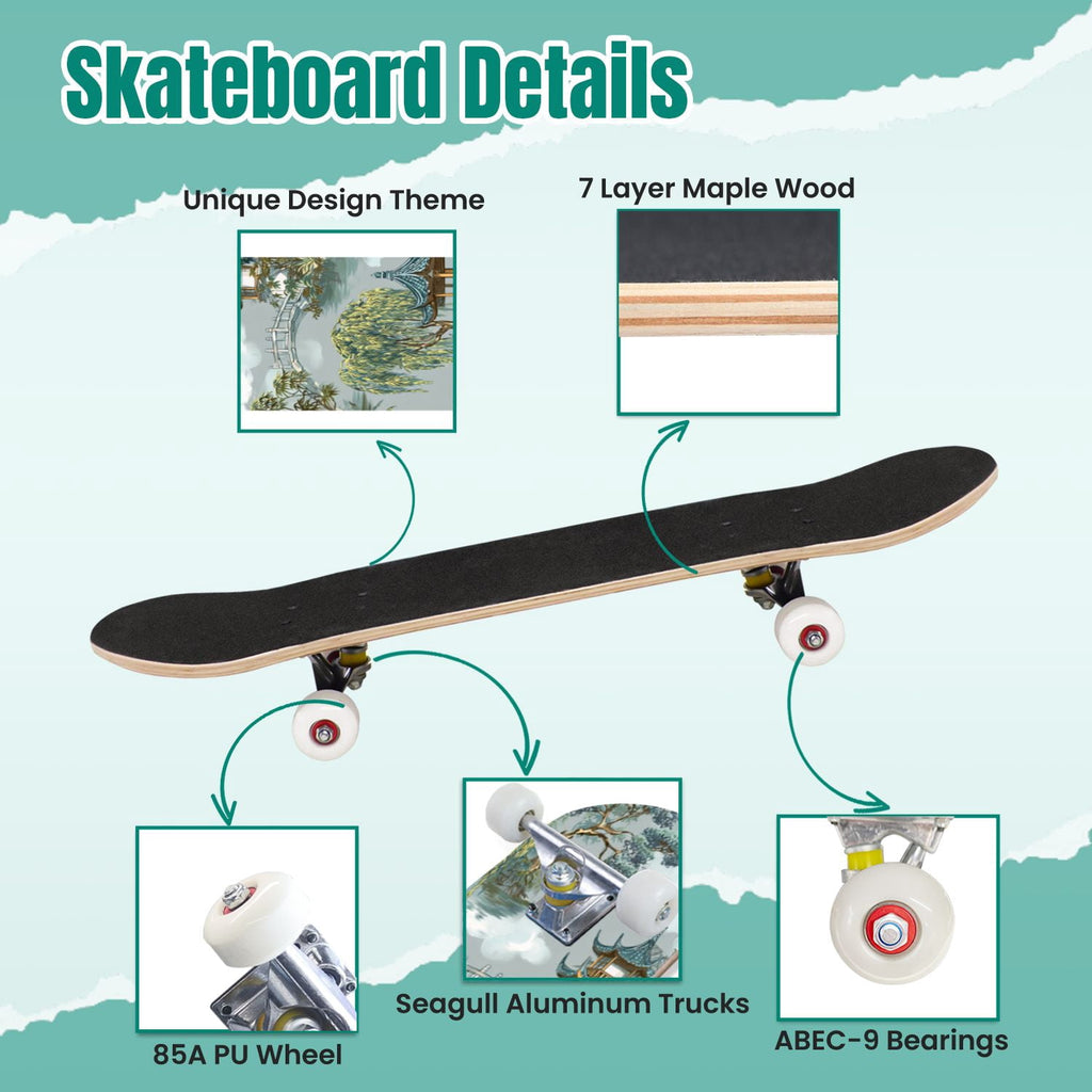 Vintage Damask Light Blue Brown Tones 31" x 8" Complete Skateboard, 7-Ply Canadian Maple Double Kick Trick Board for Kids and Beginners Adult Gifts