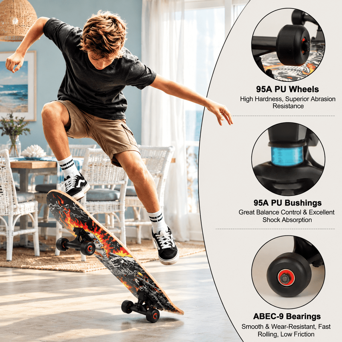 Vivid Standard Complete Skateboard for Beginners Adults Teens, 7 Layer Canadian Maple, Double Kick Concave