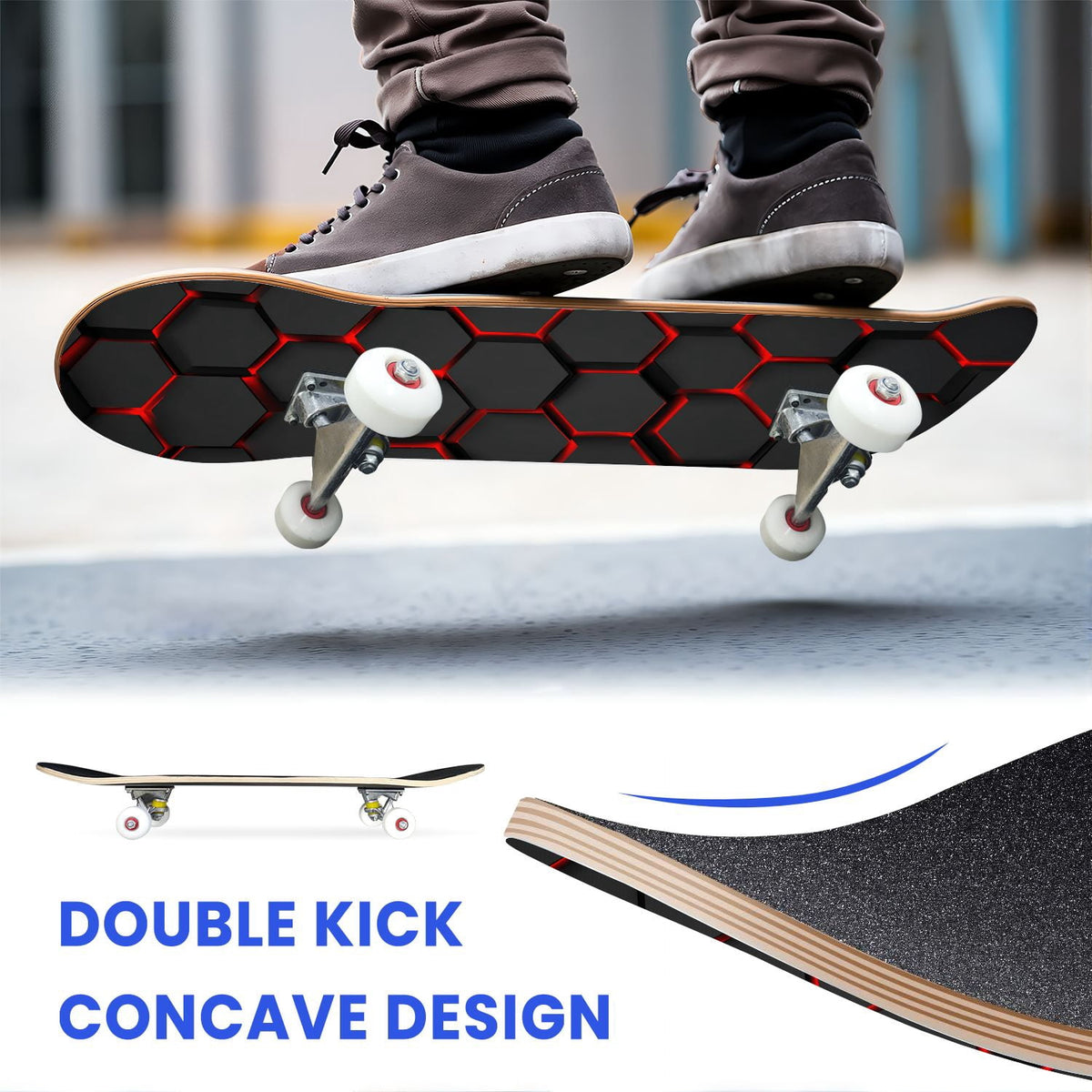 31"x8" Complete Skateboards for Beginners,Black Hexagon Honeycomb Glowing Blue Accents Double Kick 7 Ply Canadian Maple Deck Skateboard with Wheels, Gifts for Kids Teens