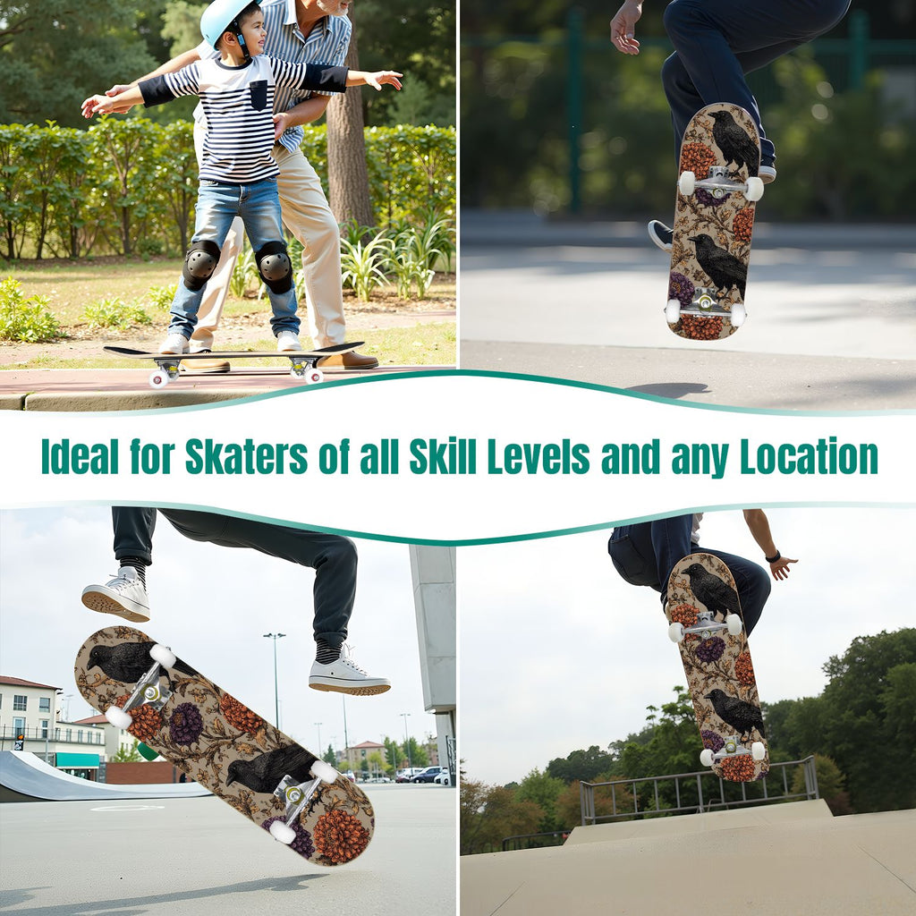 31"x8" Complete Skateboards for Beginners, Whimsical Butterfly Garden Watercolor Art Print Double Kick 7 Ply Canadian Maple Deck Skateboard with Wheels, Gifts for Kids Teens