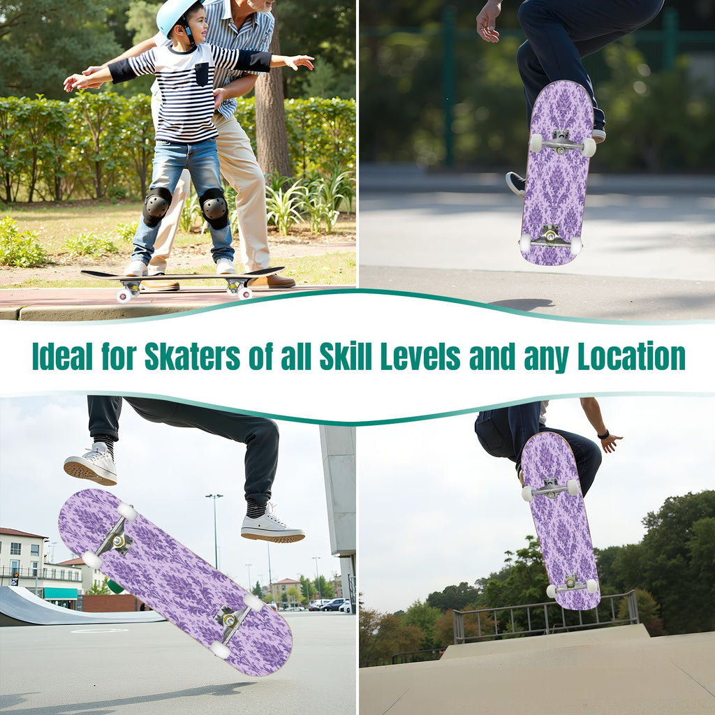 31"x8" Complete Skateboards for Beginners, Vibrant Purple Teal Floral Artwork Golden Accents Vintage Double Kick 7 Ply Canadian Maple Deck Skateboard with Wheels, Gifts for Kids Teens