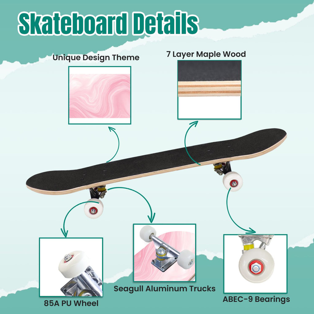 Pink Marble Fluid Abstract Design 31" x 8" Complete Skateboard, 7-Ply Canadian Maple Double Kick Trick Board for Kids and Beginners Adult Gifts