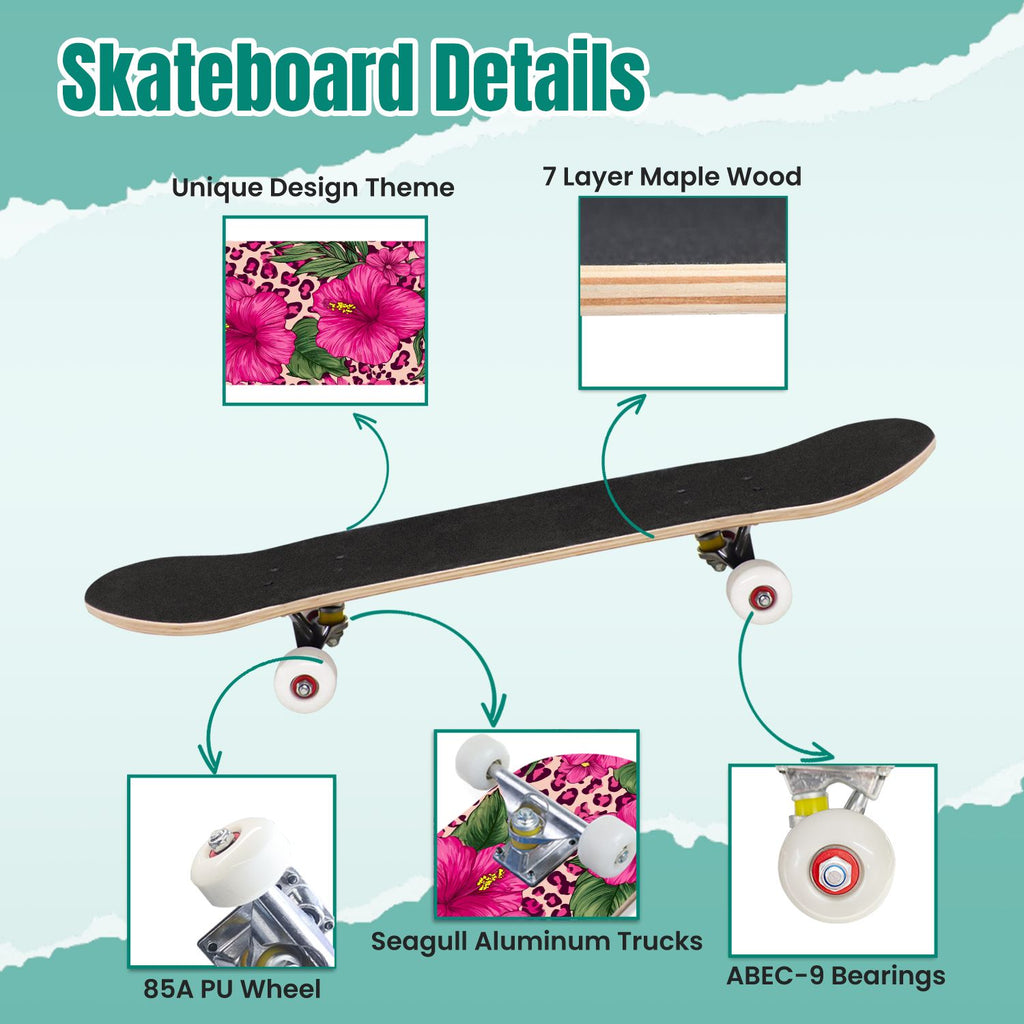 Pink Marble Fluid Abstract Design 31" x 8" Complete Skateboard, 7-Ply Canadian Maple Double Kick Trick Board for Kids and Beginners Adult Gifts