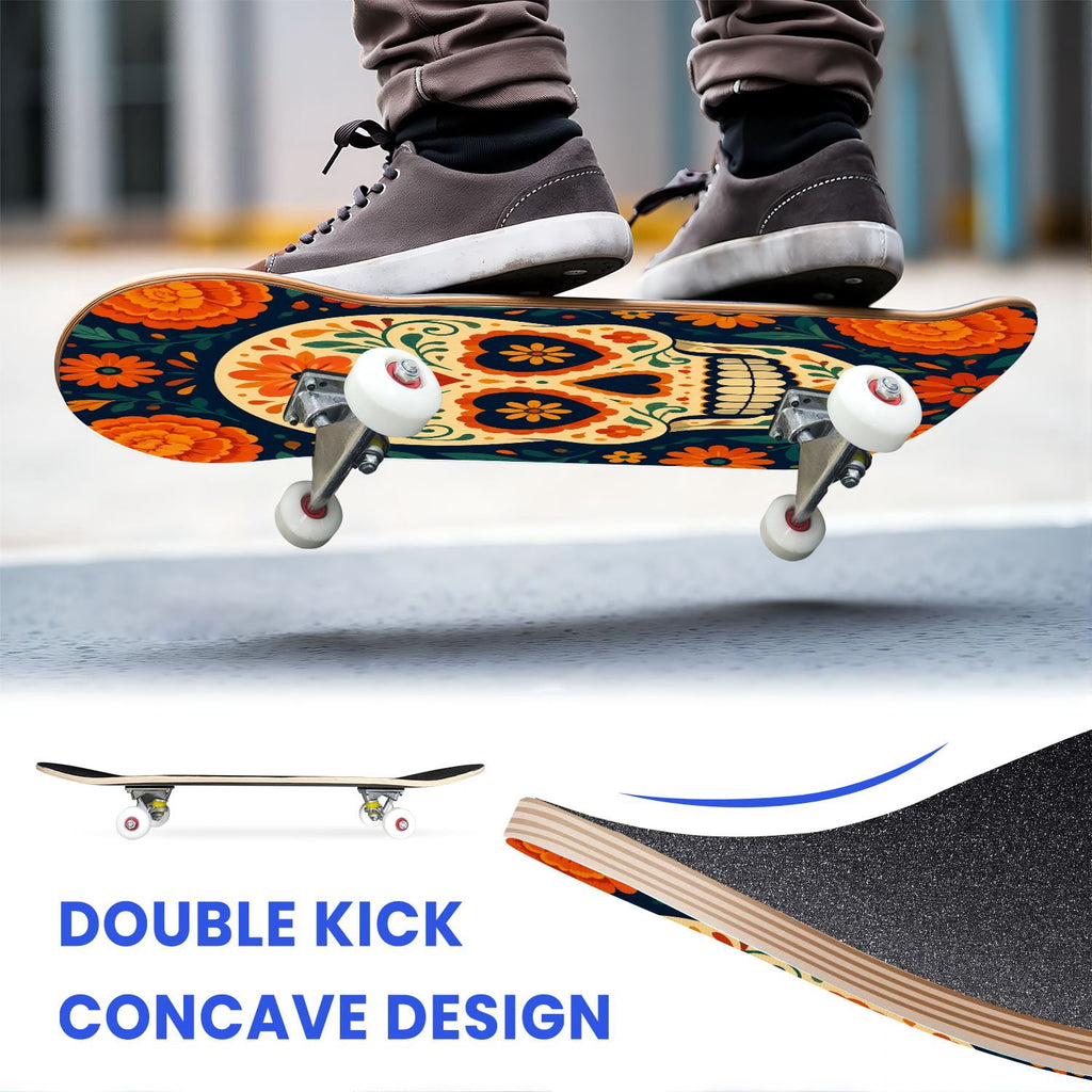 31"x8" Complete Skateboards for Beginners, Colorful Sugar Skull Vibrant Floral Day of the Dead Double Kick 7 Ply Canadian Maple Deck Skateboard with Wheels, Gifts for Kids Teens