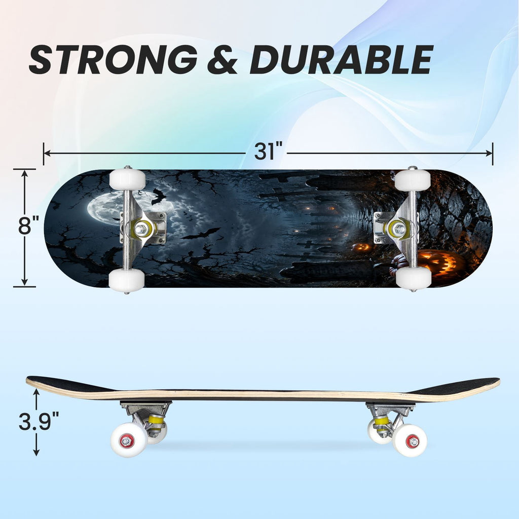 31"x8" Complete Skateboards for Beginners,Halloween Themed Pumpkins Witch Hats Spooky Double Kick 7 Ply Canadian Maple Deck Skateboard with Wheels, Gifts for Kids Teens