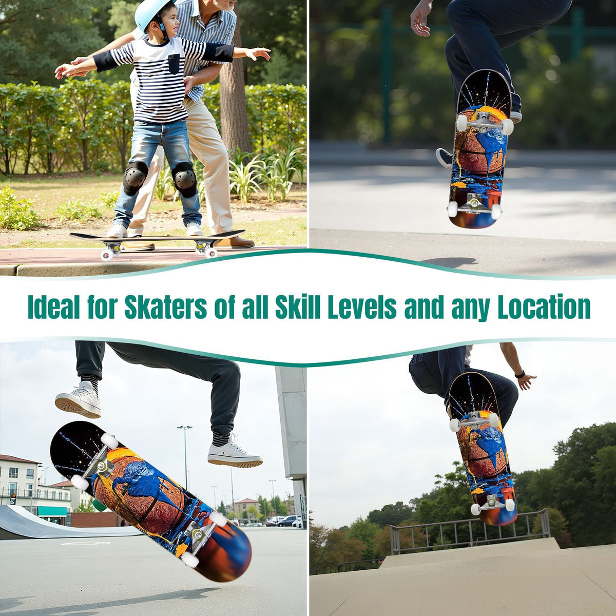 31"x8" Complete Skateboards for Beginners,Abstract Soccer Ball Vibrant Paint Splashes Drips Double Kick 7 Ply Canadian Maple Deck Skateboard with Wheels, Sports Gifts for Kids Teens