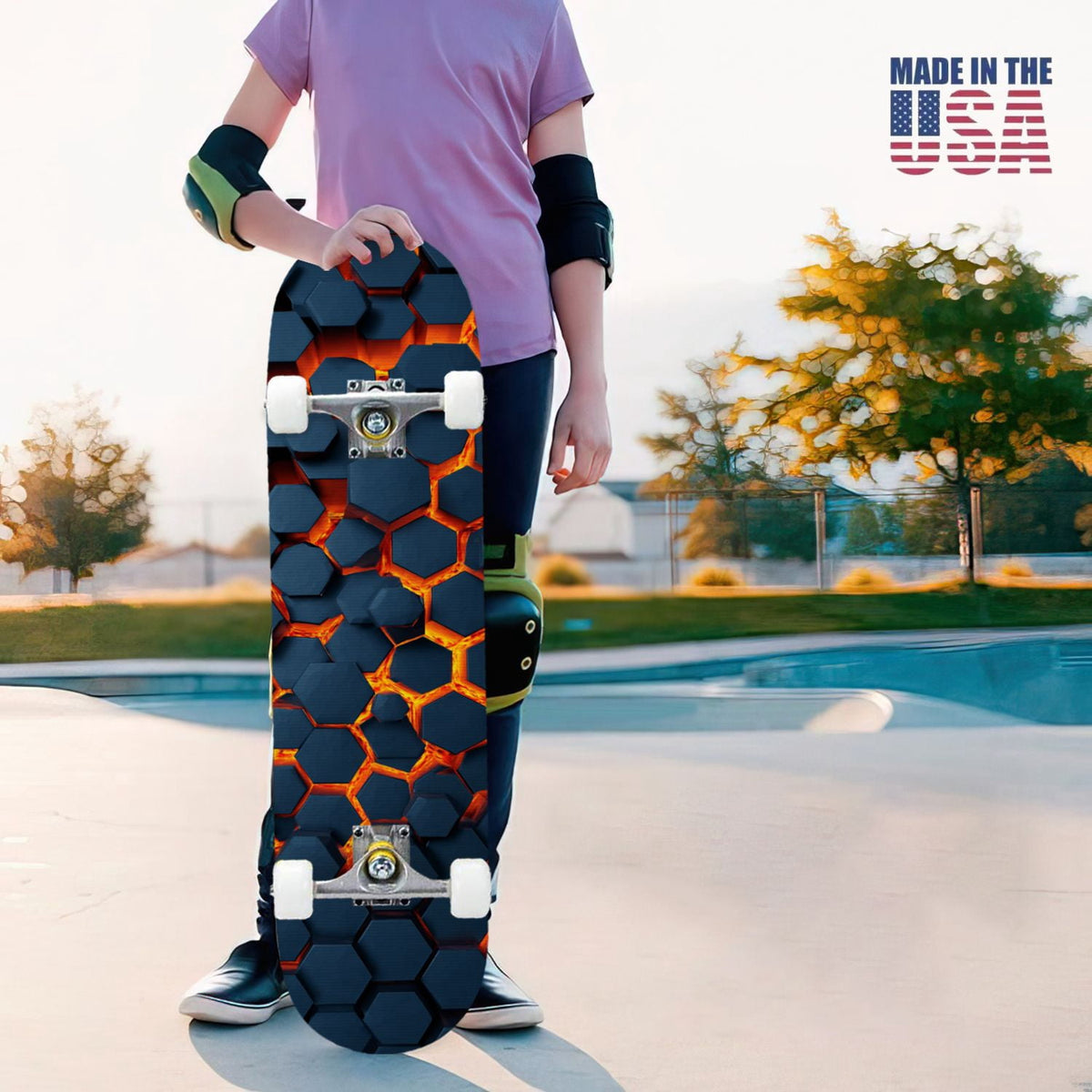 31"x8" Complete Skateboards for Beginners,Geometric Hexagon Glowing Neon Blue Purple Double Kick 7 Ply Canadian Maple Deck Skateboard with Wheels, Gifts for Kids Teens
