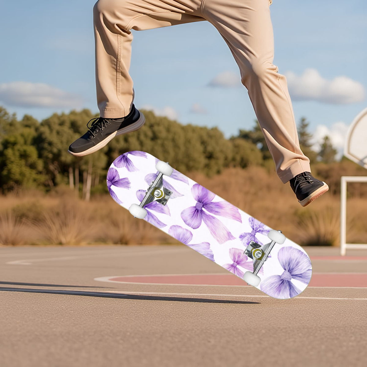 Delicate Pink Floral Ribbon Design 31" x 8" Complete Skateboard, 7-Ply Canadian Maple Double Kick Trick Board for Kids and Beginners Adult Gifts