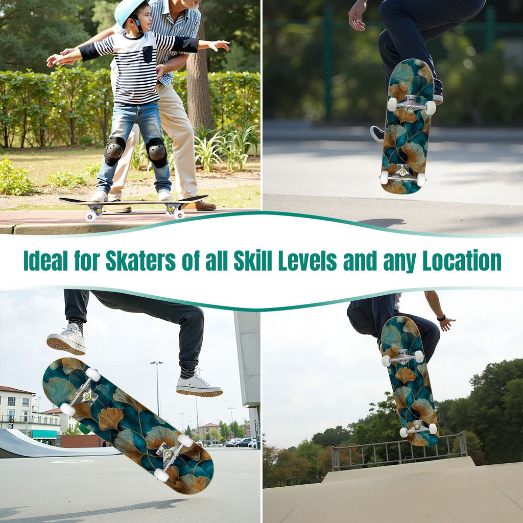 Monstera Leaves Leopard Print Seamless Earth Tones 31" x 8" Complete Skateboard, 7-Ply Canadian Maple Double Kick Trick Board for Kids and Beginners Adult Gifts