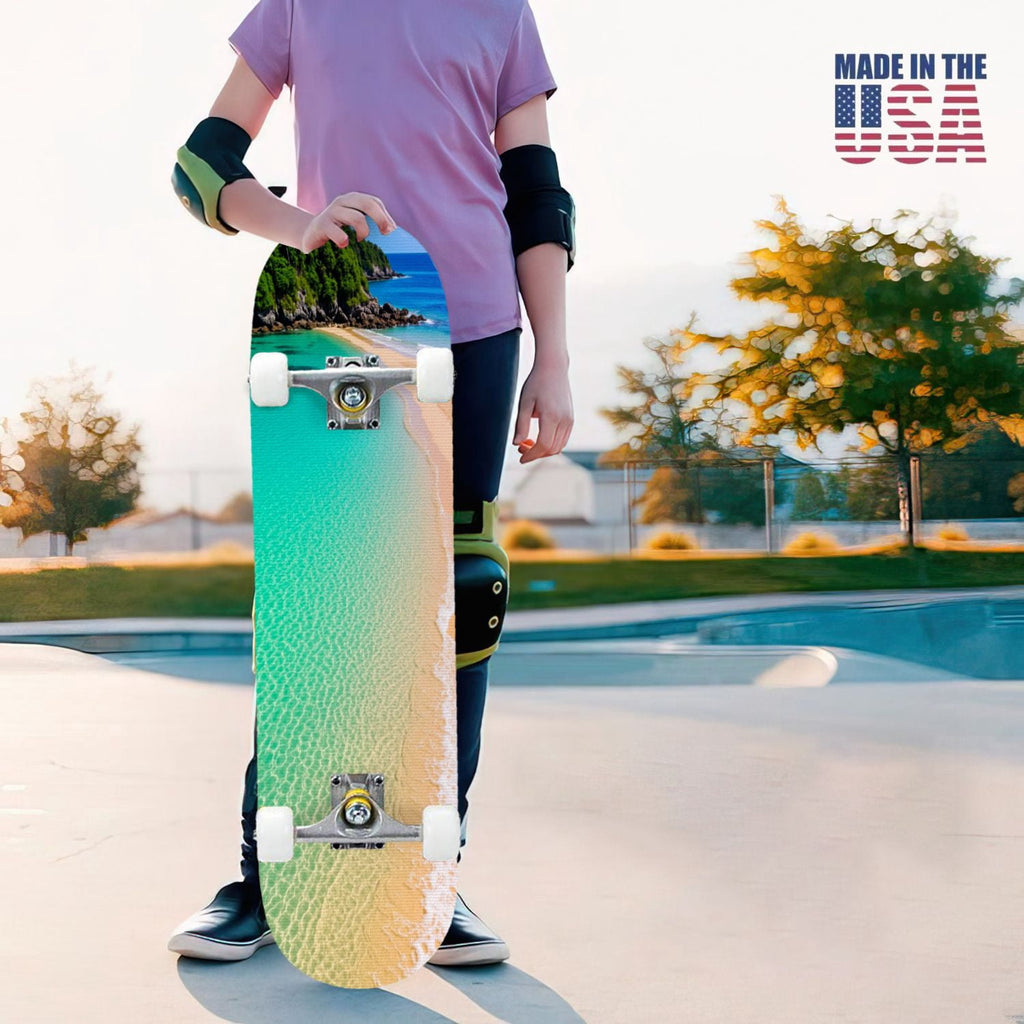 31"x8" Complete Skateboards for Beginners, Idyllic Tropical Beach Turquoise Water Golden Sand Shoreline Double Kick 7 Ply Canadian Maple Deck Skateboard with Wheels, Gifts for Kids Teens