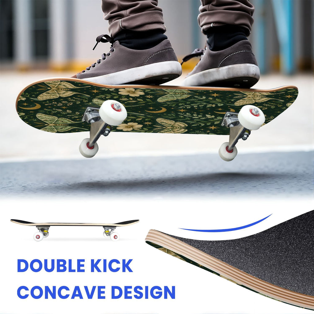 31"x8" Complete Skateboards for Beginners, Mystical Purple Butterfly Glowing Mushrooms Under Full Moon Double Kick 7 Ply Canadian Maple Deck Skateboard with Wheels, Gifts for Kids Teens