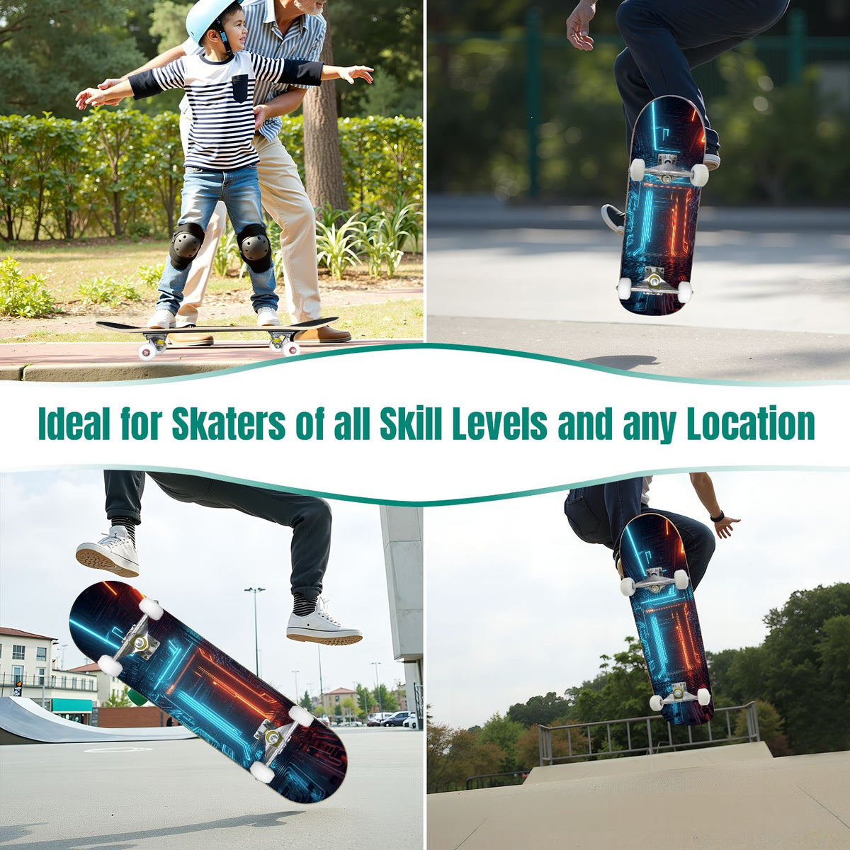 Glowing Futuristic Cubic Tunnel Metallic Tiles Bright Light 31" x 8" Complete Skateboard, 7-Ply Canadian Maple Double Kick Trick Board for Kids and Beginners Adult Gifts