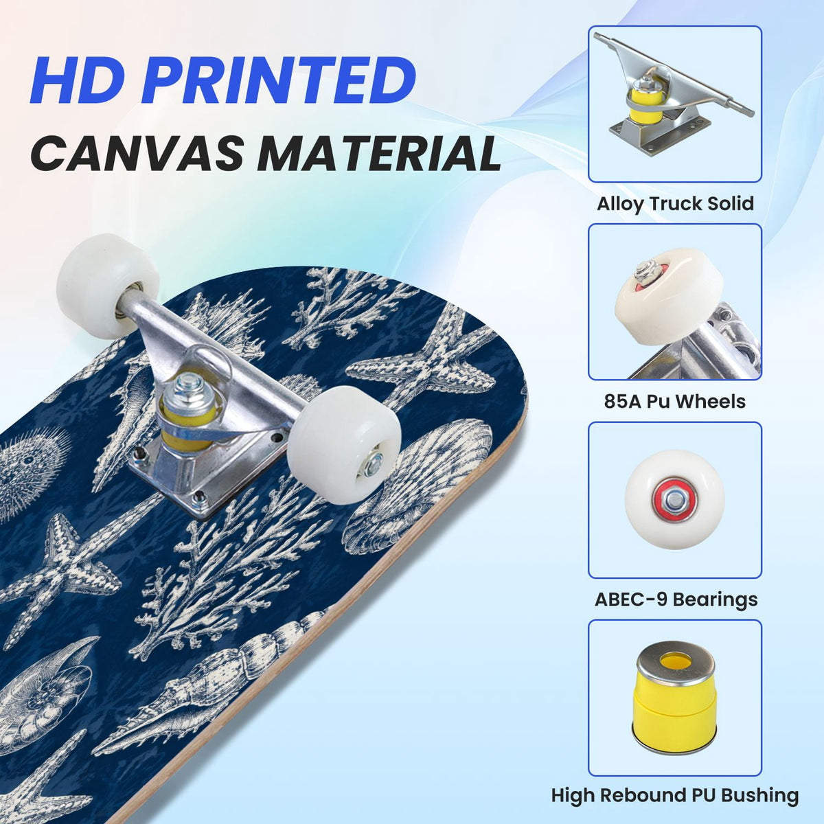 31"x8" Complete Skateboards for Beginners, Colorful Turtle Floral Shell Starry Night Marine Life Double Kick 7 Ply Canadian Maple Deck Skateboard with Wheels, Gifts for Kids Teens