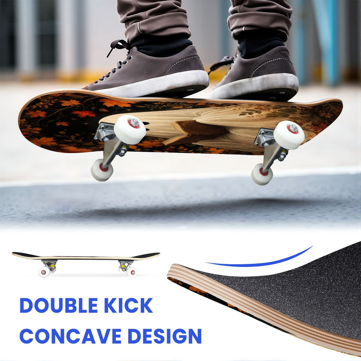 31"x8" Complete Skateboards for Beginners,Halloween Forest Bats Black Cat Glowing Double Kick 7 Ply Canadian Maple Deck Skateboard with Wheels, Gifts for Kids Teens