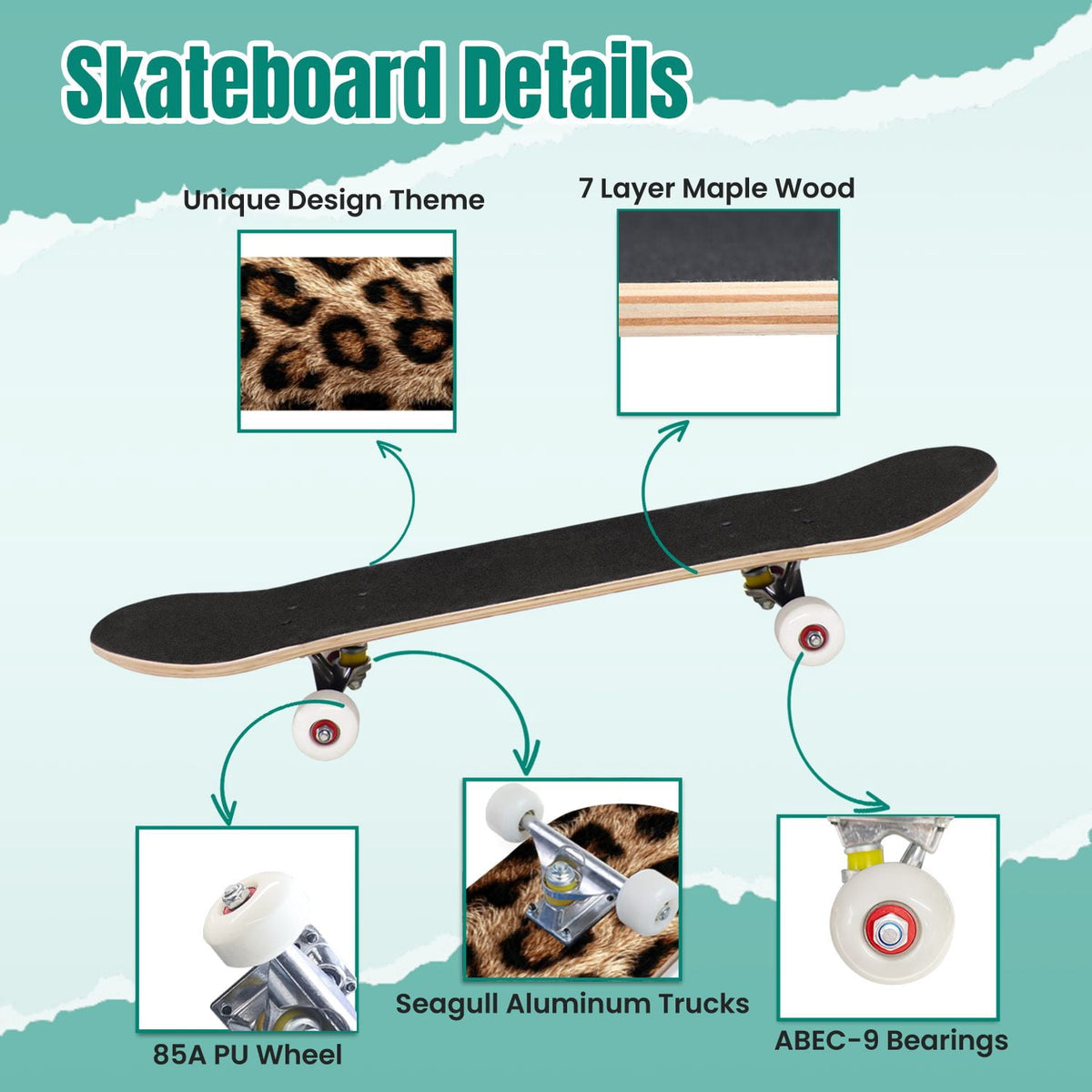 Tropical Jungle Leaf Teal Green Botanical 31" x 8" Complete Skateboard, 7-Ply Canadian Maple Double Kick Trick Board for Kids and Beginners Adult Gifts