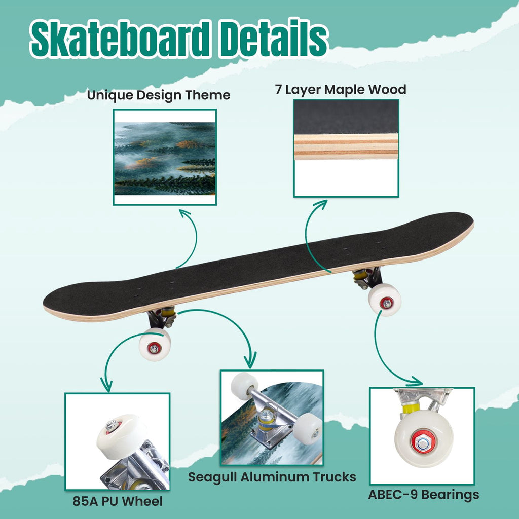 Forest Tree Wood Green Pine Trees Autumn Leaves Fog Misty 31" x 8" Complete Skateboard, 7-Ply Canadian Maple Double Kick Trick Board for Kids and Beginners Adult Gifts