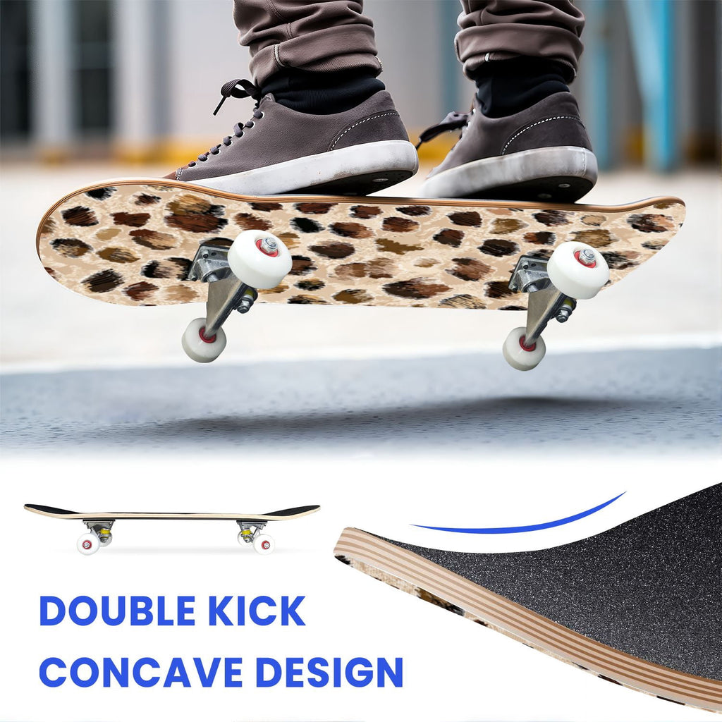 31"x8" Complete Skateboards for Beginners,Leopard Print Black Brown Beige Double Kick 7 Ply Canadian Maple Deck Skateboard with Wheels, Gifts for Kids Teens