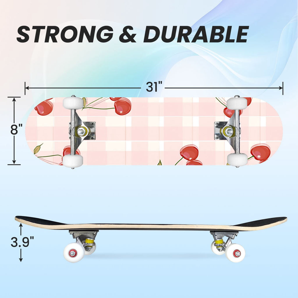 31"x8" Complete Skateboards for Beginners,Pink White Gingham Checkered Subtle Double Kick 7 Ply Canadian Maple Deck Skateboard with Wheels, Gifts for Kids Teens