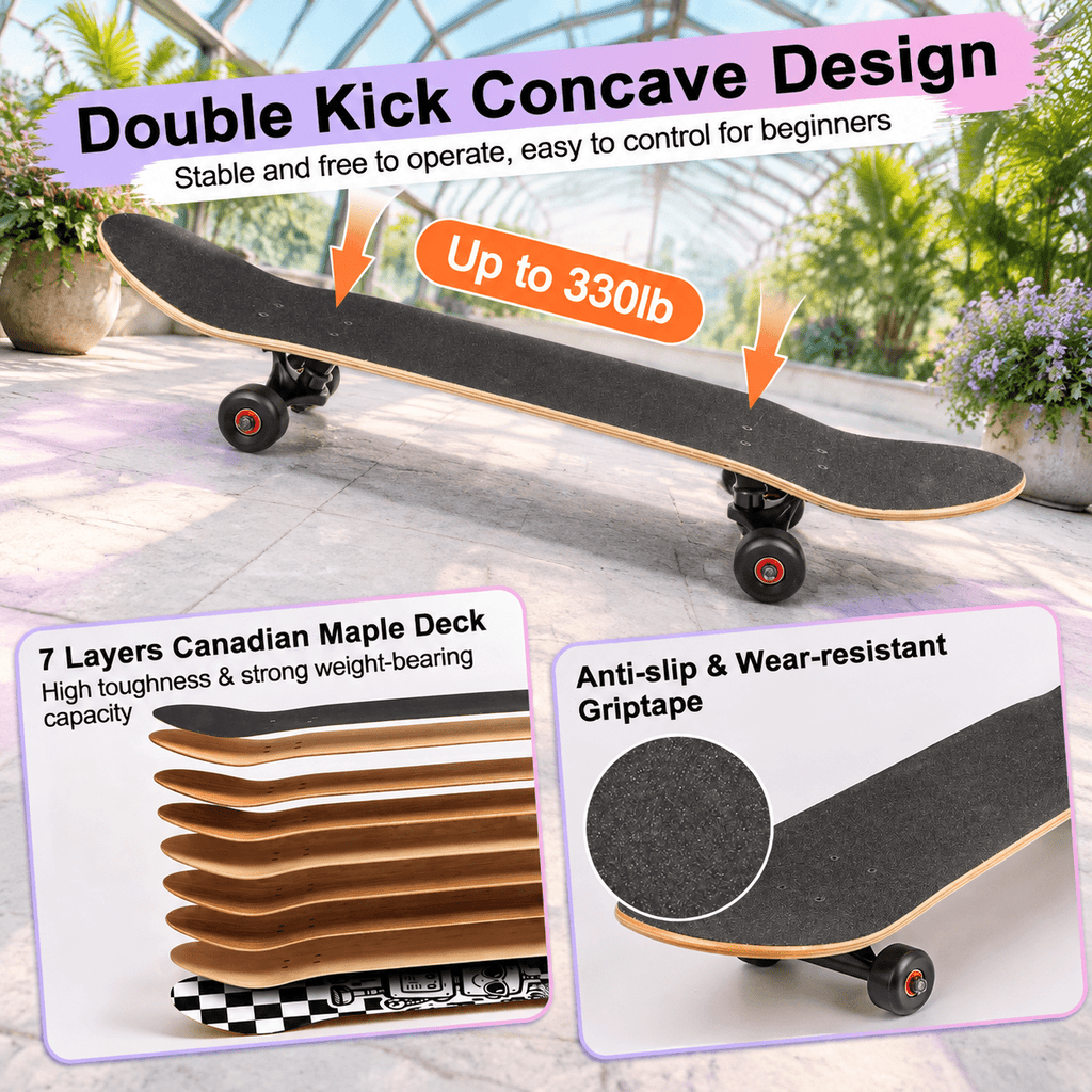 Checkerbot 31"x8" Standard Complete Skateboard with 7 Layer Canadian Maple for Beginners Adults Teens