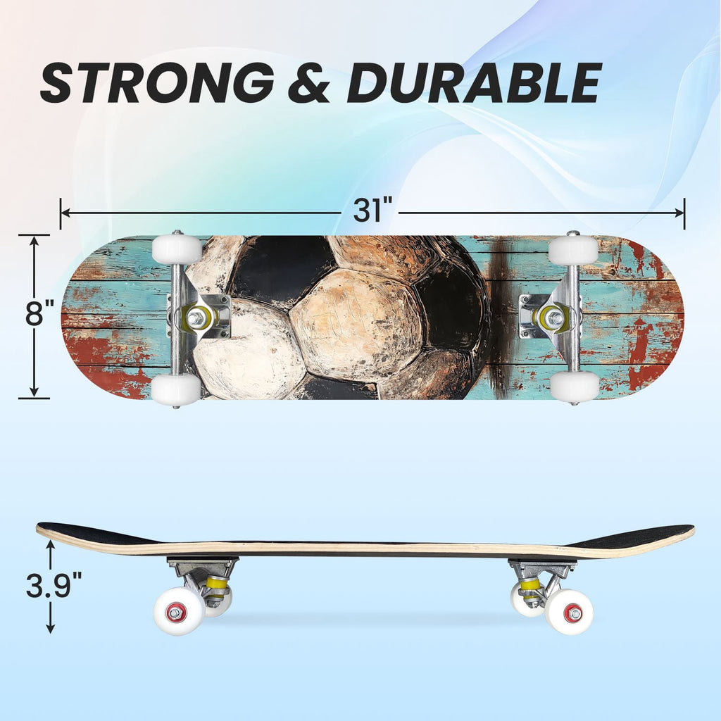 31"x8" Complete Skateboards for Beginners,Abstract Soccer Ball Vibrant Paint Splashes Drips Double Kick 7 Ply Canadian Maple Deck Skateboard with Wheels, Sports Gifts for Kids Teens